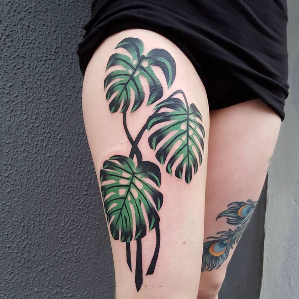 Monstera Thigh Tattoo