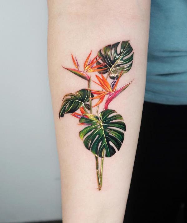 Monstera and Flowers Tattoo