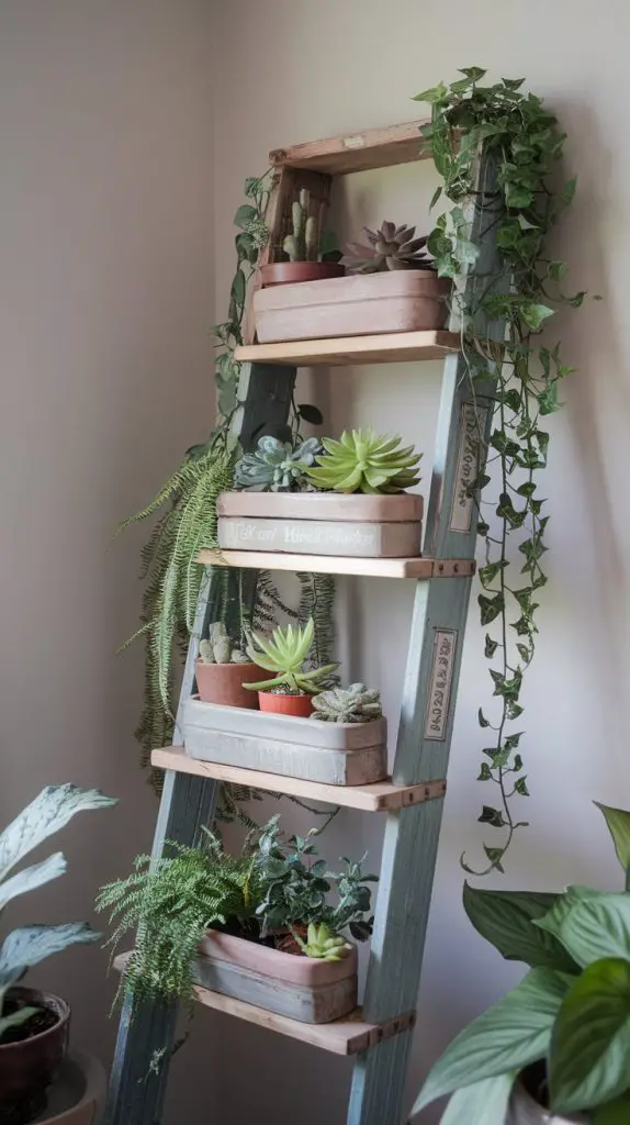 Upcycled Ladder Plant Shelves