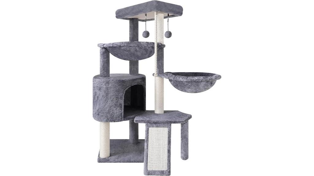 grey three story cat tree